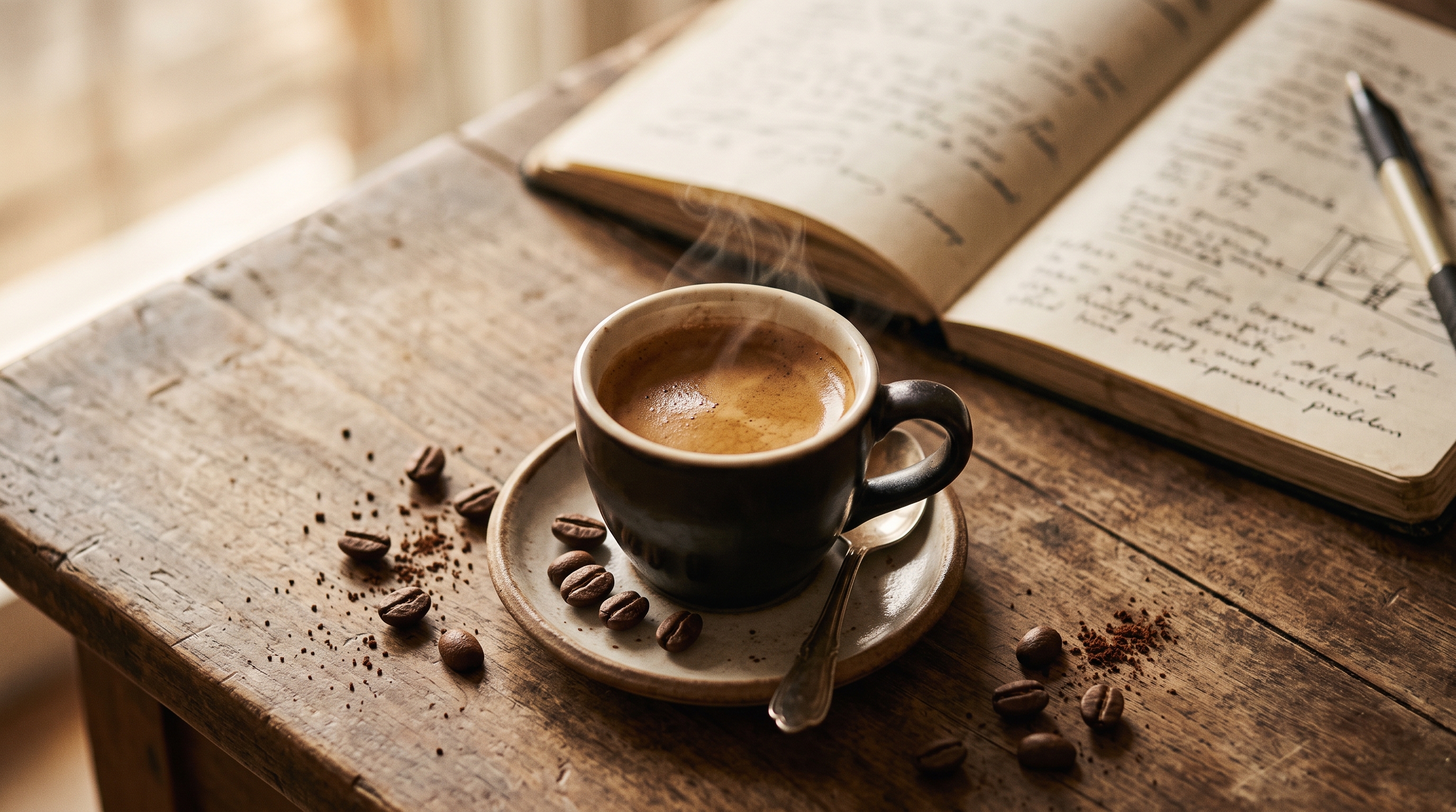 Tasse d'espresso fumante sur table en bois avec grains torréfiés — Brûlerie Boréal