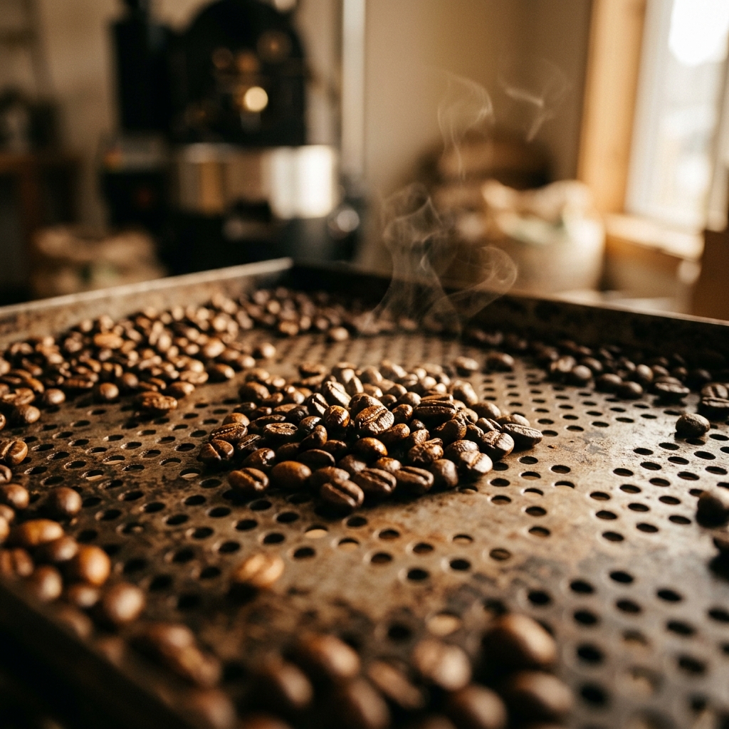 Grains fraîchement torréfiés sur plateau de refroidissement à la Brûlerie Boréal