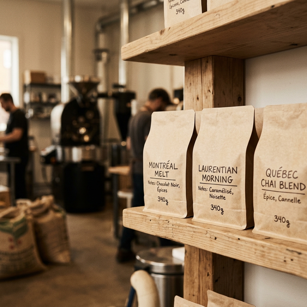 Sacs de café artisanal de la Brûlerie Boréal sur étagère en bois