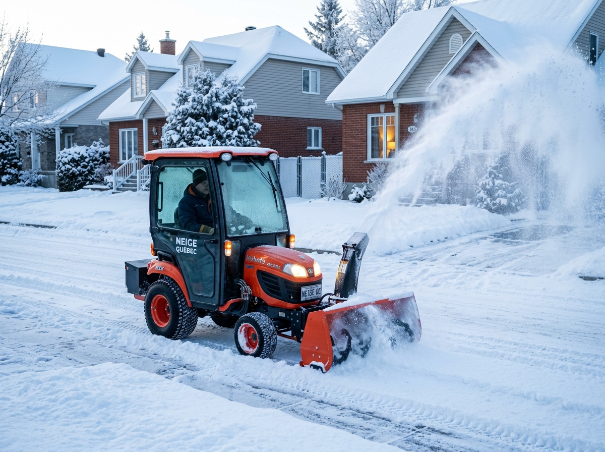 Tracteur de déneigement Boréal au travail en pleine tempête de neige dans un quartier résidentiel de Québec