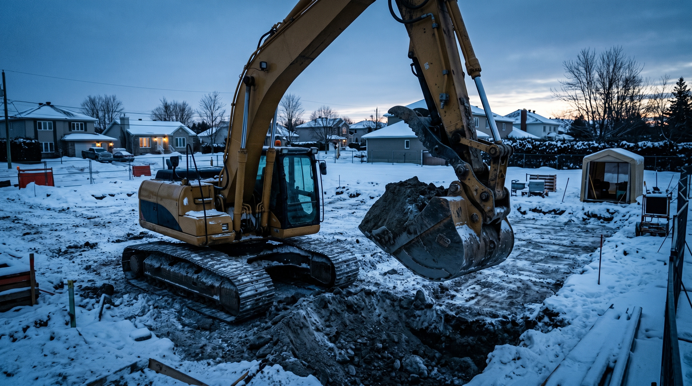 Pelle mécanique d'Excavation Tremblay en action sur un chantier résidentiel à Québec