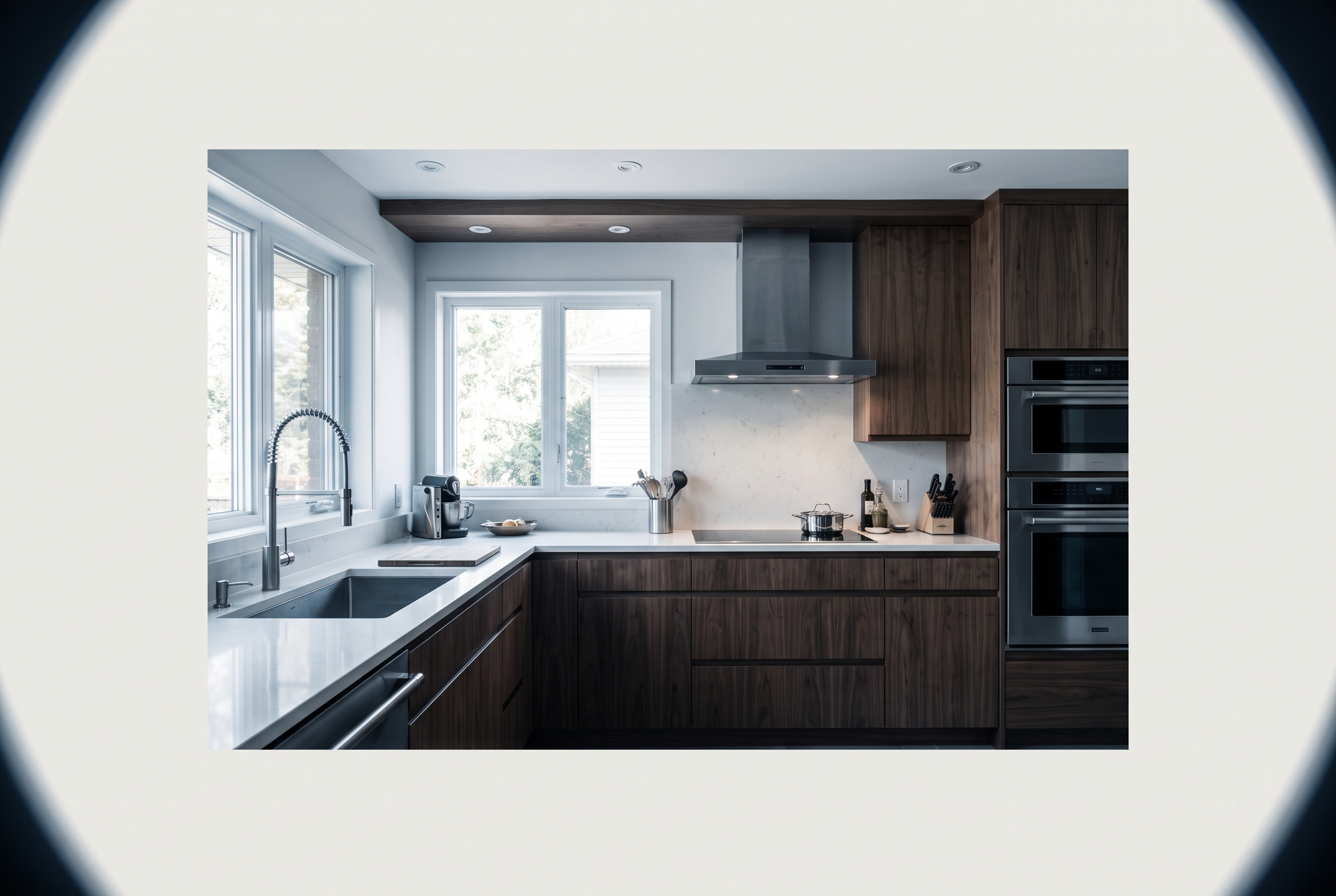 Cuisine rénovée moderne avec armoires sur mesure en bois foncé et comptoir en quartz blanc, éclairage encastré, style épuré