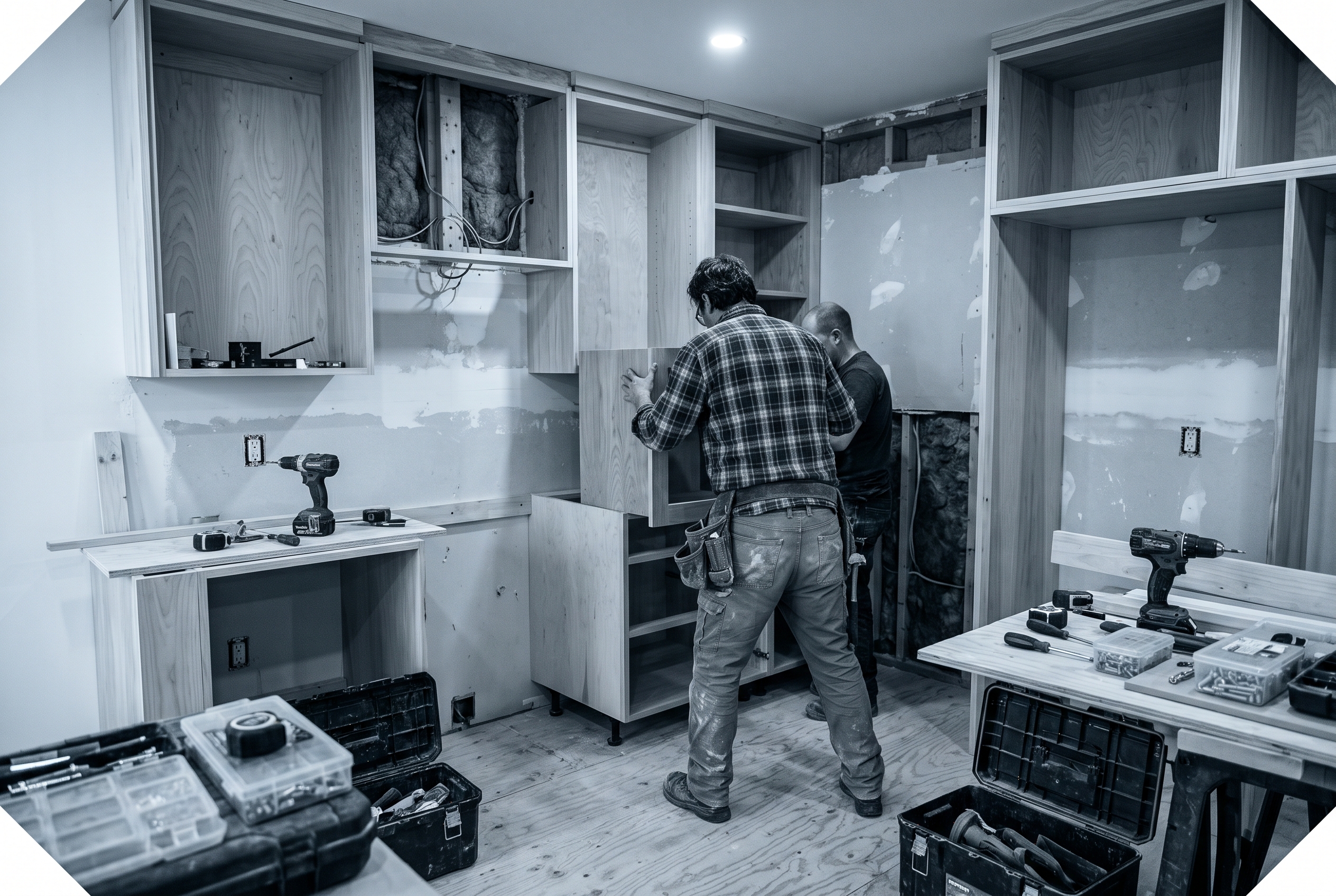 Équipe de rénovation au travail dans une cuisine en chantier, installation d'armoires sur mesure, ambiance industrielle professionnelle