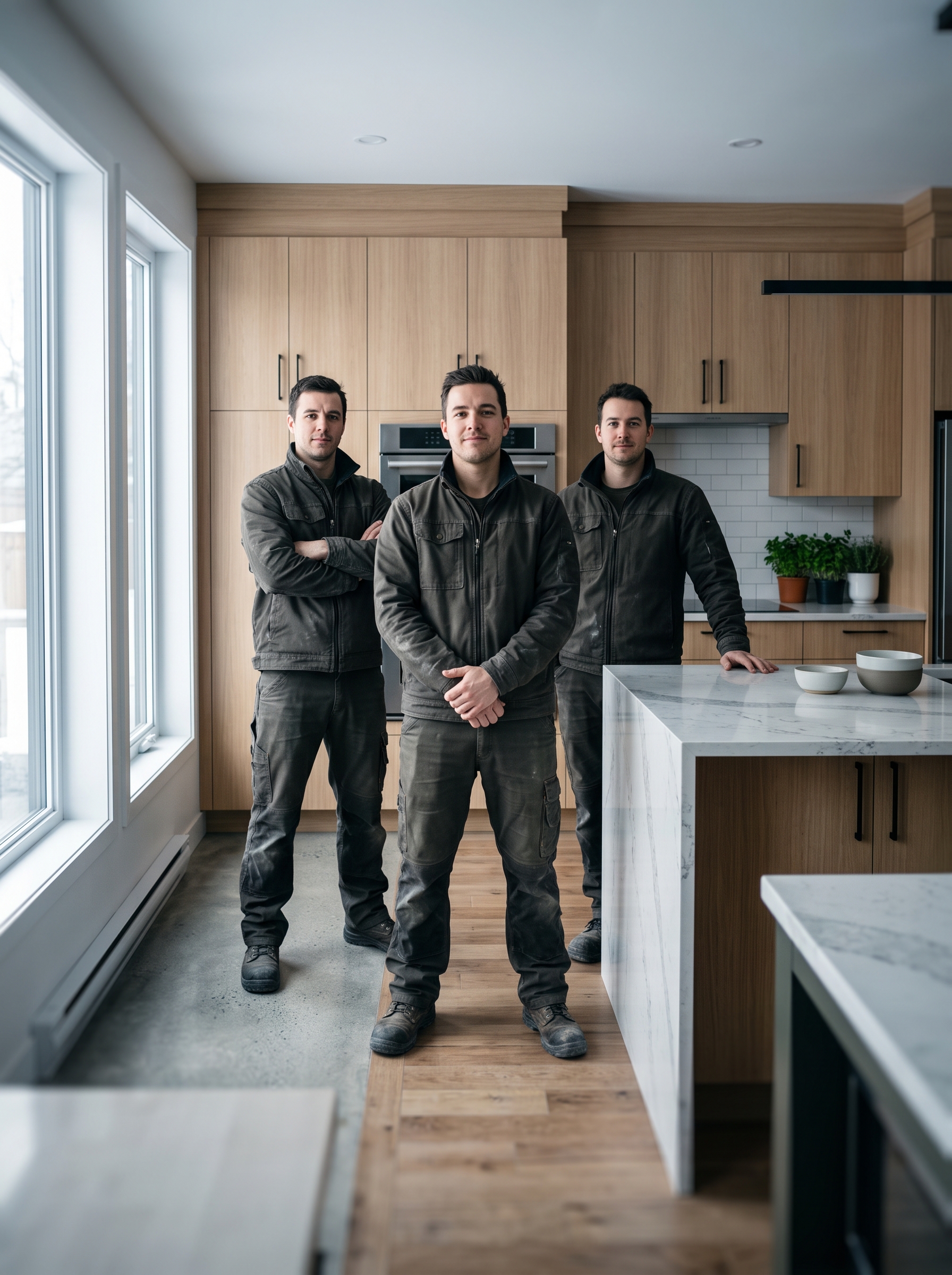 Équipe de Constructions Lavallée en vêtements de travail sur un chantier de cuisine rénovée