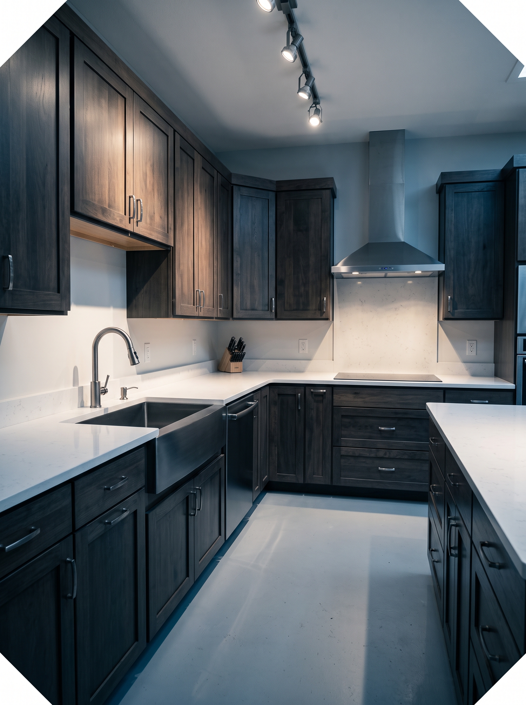 Cuisine rénovée moderne avec armoires sur mesure et comptoir en quartz blanc