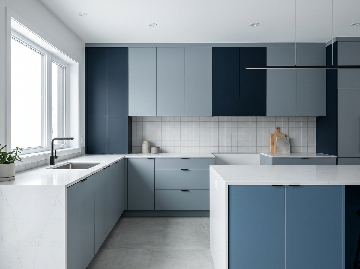 Cuisine rénovée lumineuse avec armoires sur mesure, comptoir en quartz et dosseret