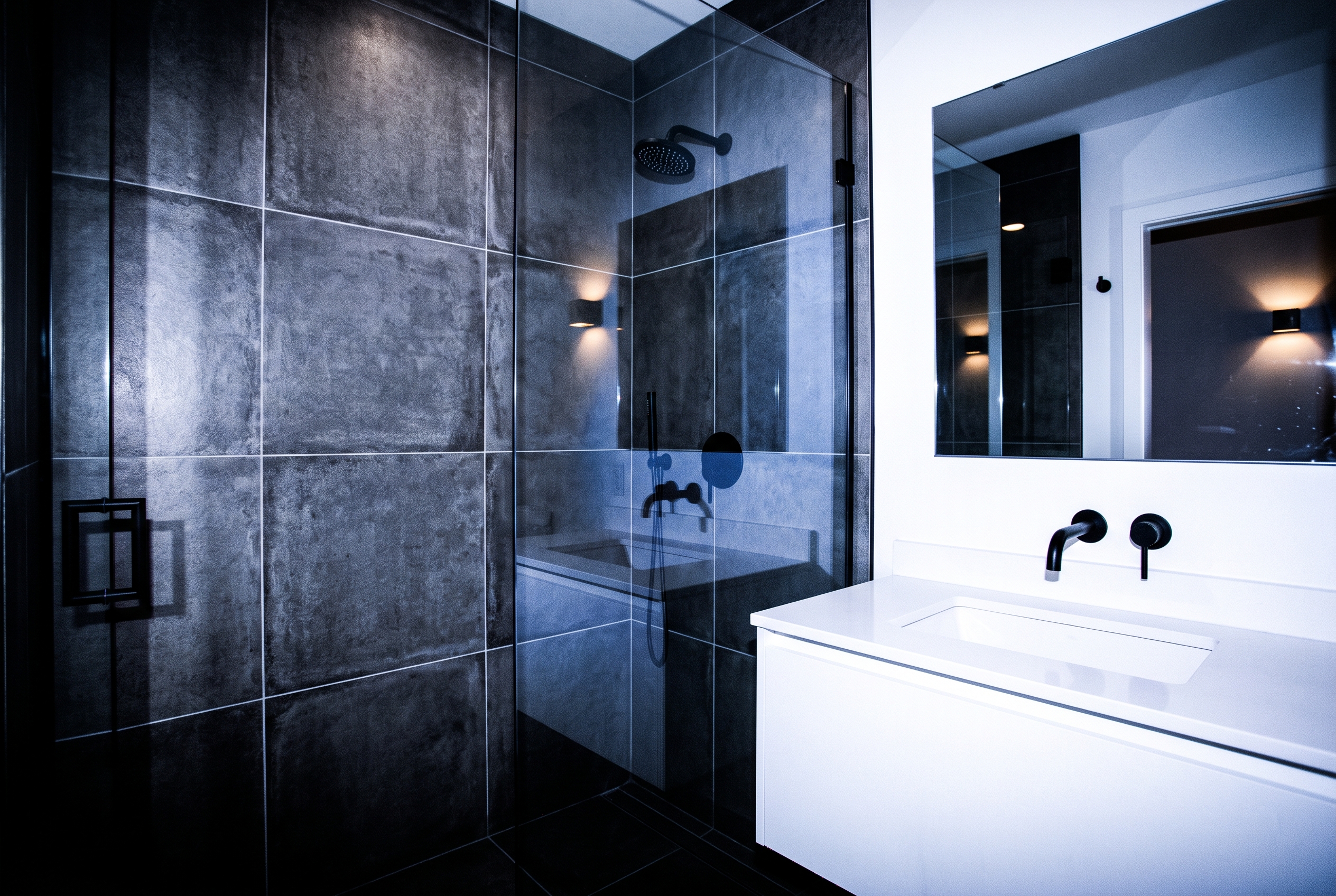 Salle de bain moderne rénovée avec douche à l'italienne en carrelage gris et vanité suspendue blanche