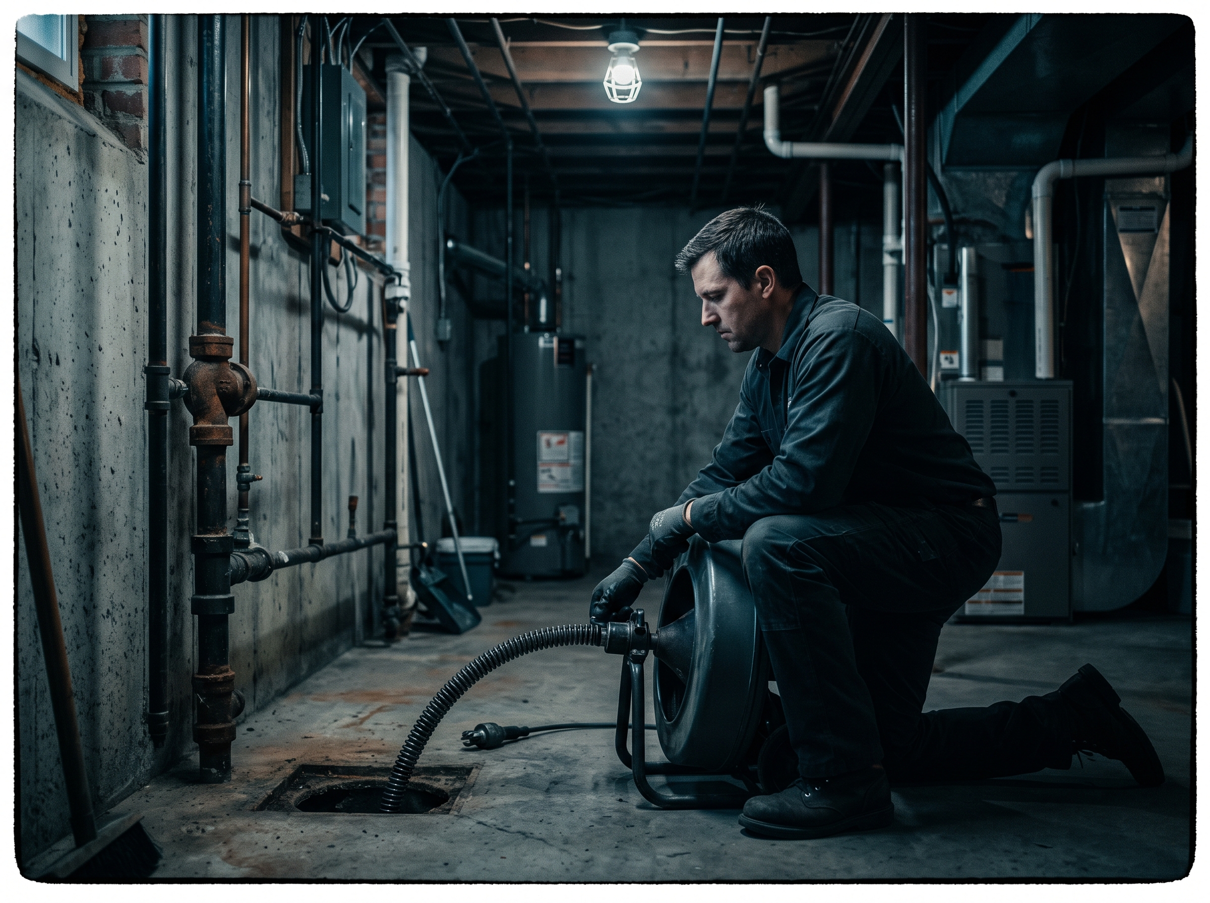 Technicien en débouchage de drain avec équipement professionnel