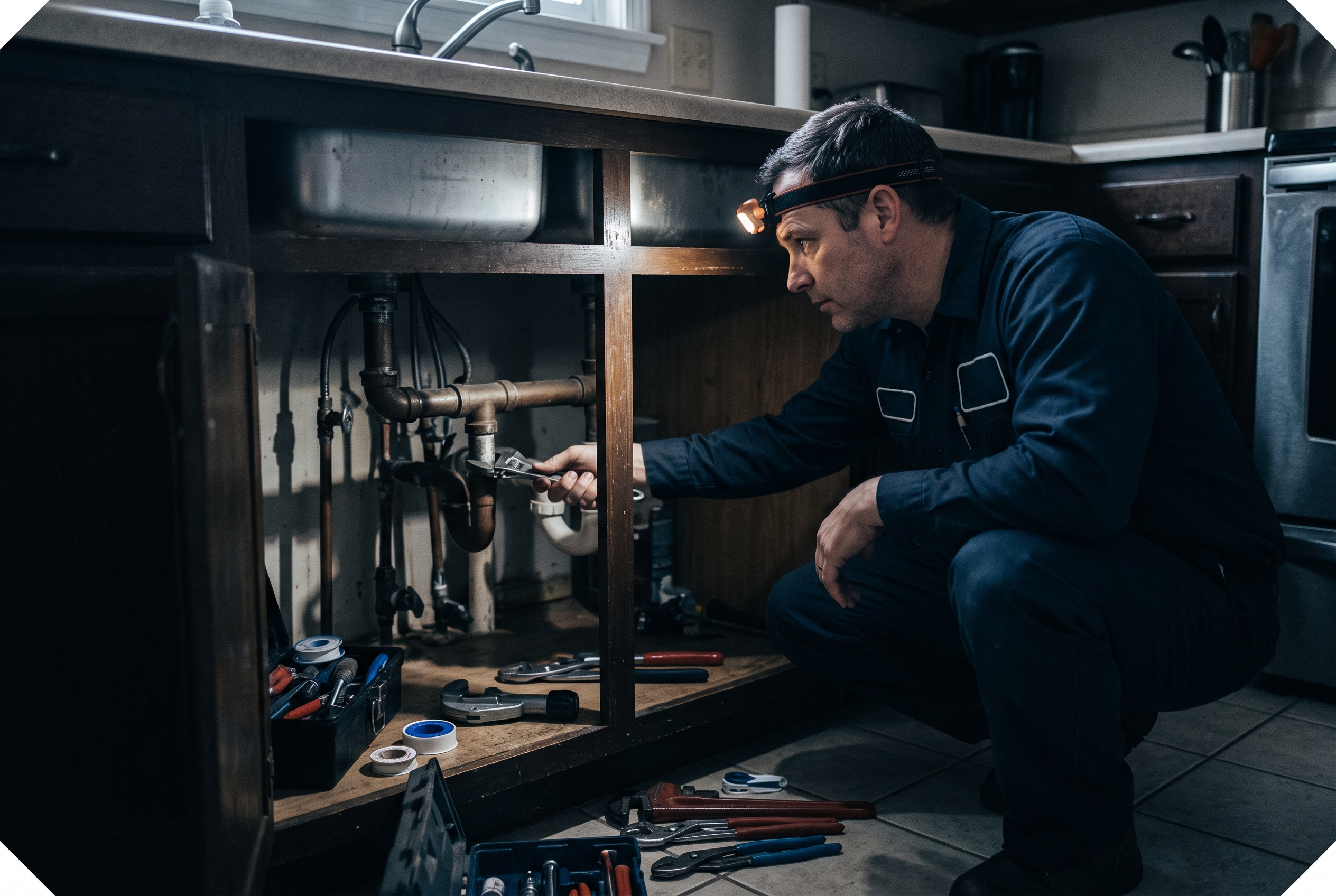 Plombier professionnel travaillant sous un évier dans une cuisine résidentielle sur la Rive-Sud
