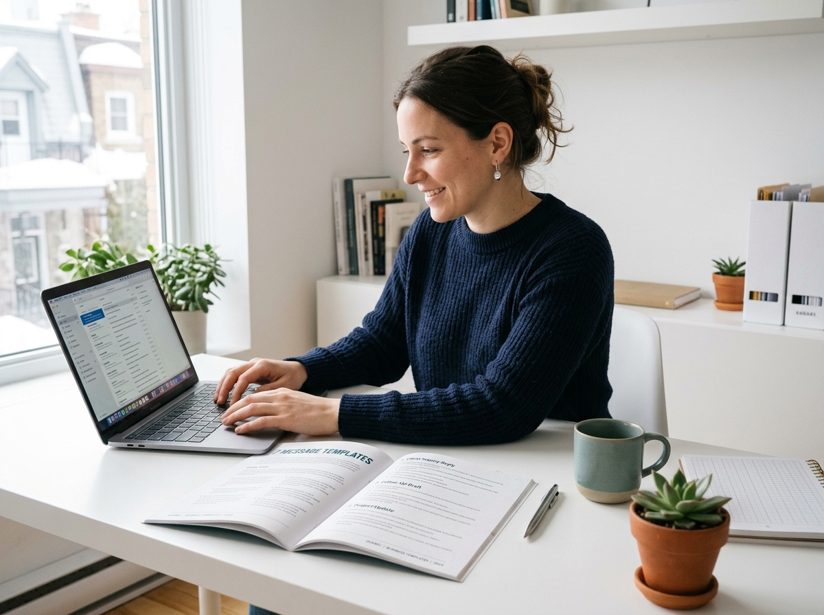 Aperçu du guide PDF avec sept modèles de messages de prospection sur un bureau de travail épuré
